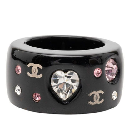 Chanel CC Logo Heart Ring Black Multicolor Plastic Line Stone
