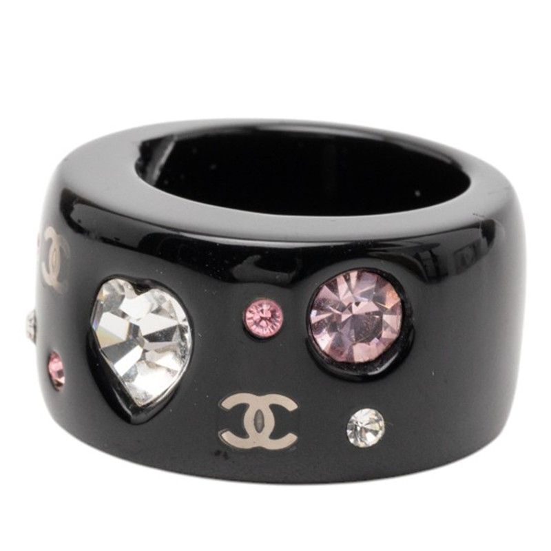 Chanel CC Logo Heart Ring Black Multicolor Plastic Line Stone — view 2