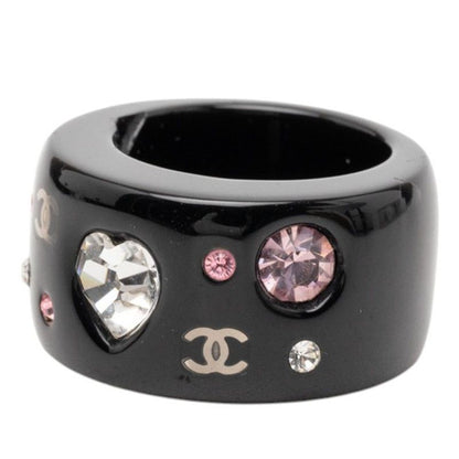 Chanel CC Logo Heart Ring Black Multicolor Plastic Line Stone — view 2