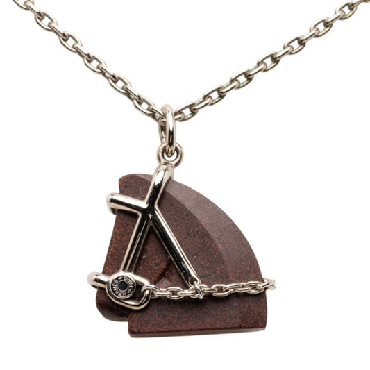Hermes Cheval Horse Motif Pendant Necklace Silver Brown Metal Velcanium