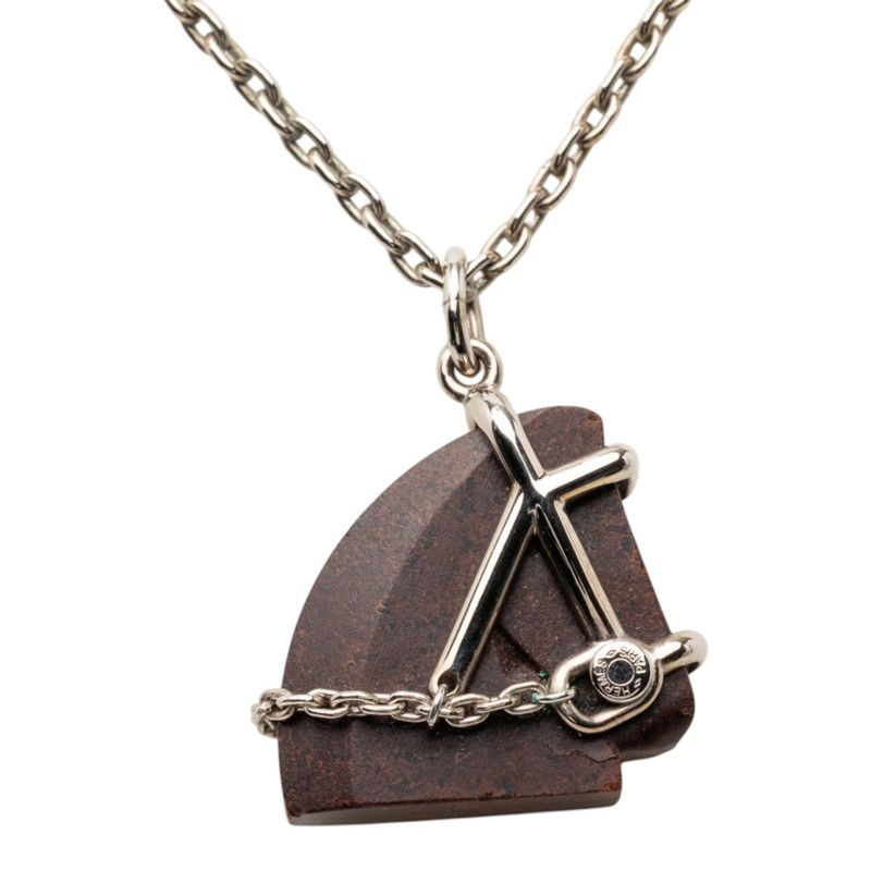 Hermes Cheval Horse Motif Pendant Necklace Silver Brown Metal Velcanium — view 2
