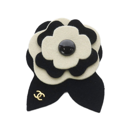 Chanel Camellia Felt Brooch CC Logo Black Ivory