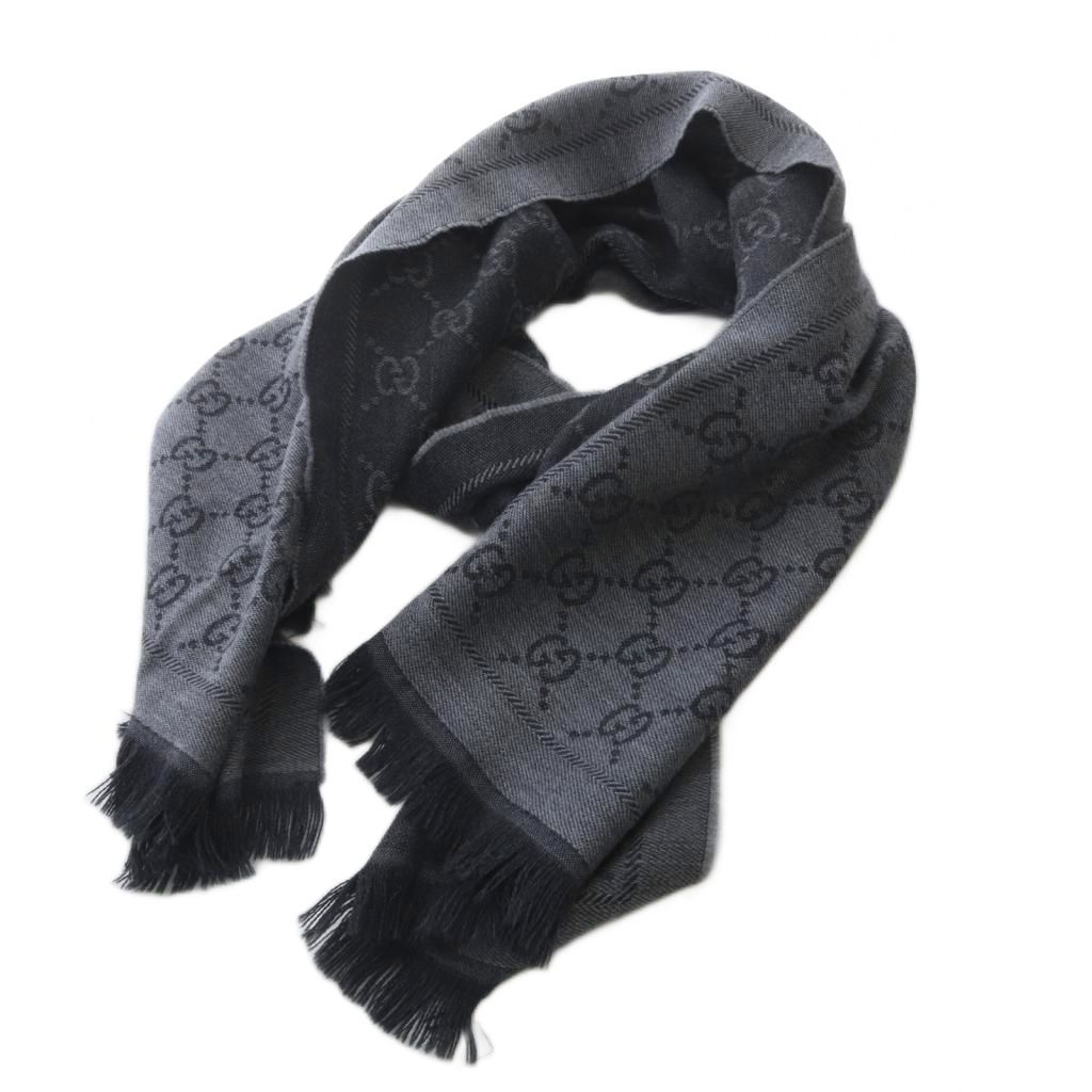 Gucci GG Wool Scarf Shawl Fringe Gray