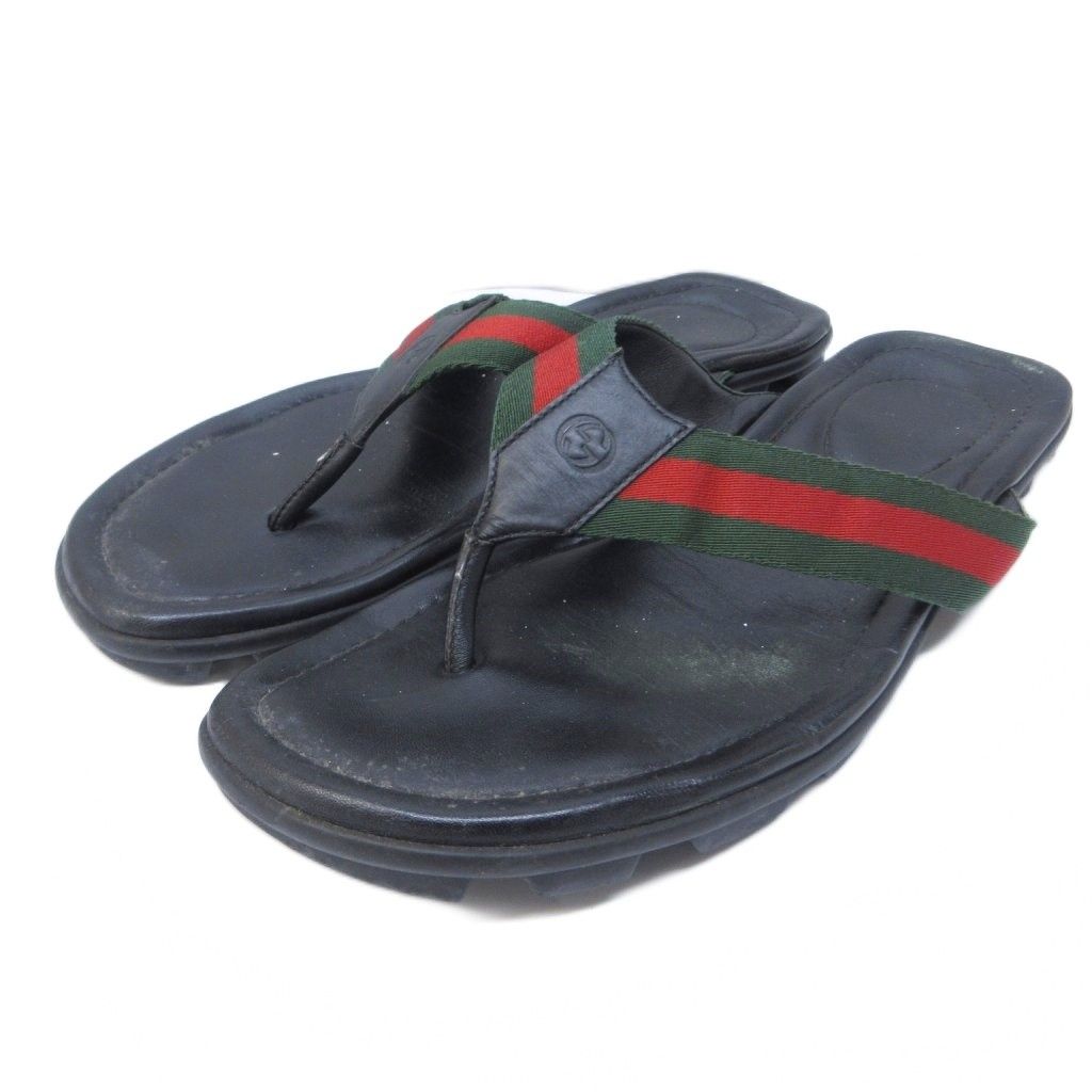 Gucci Sherry Line Thong Sandals Beach GG Logo Leather Switch 8 Black