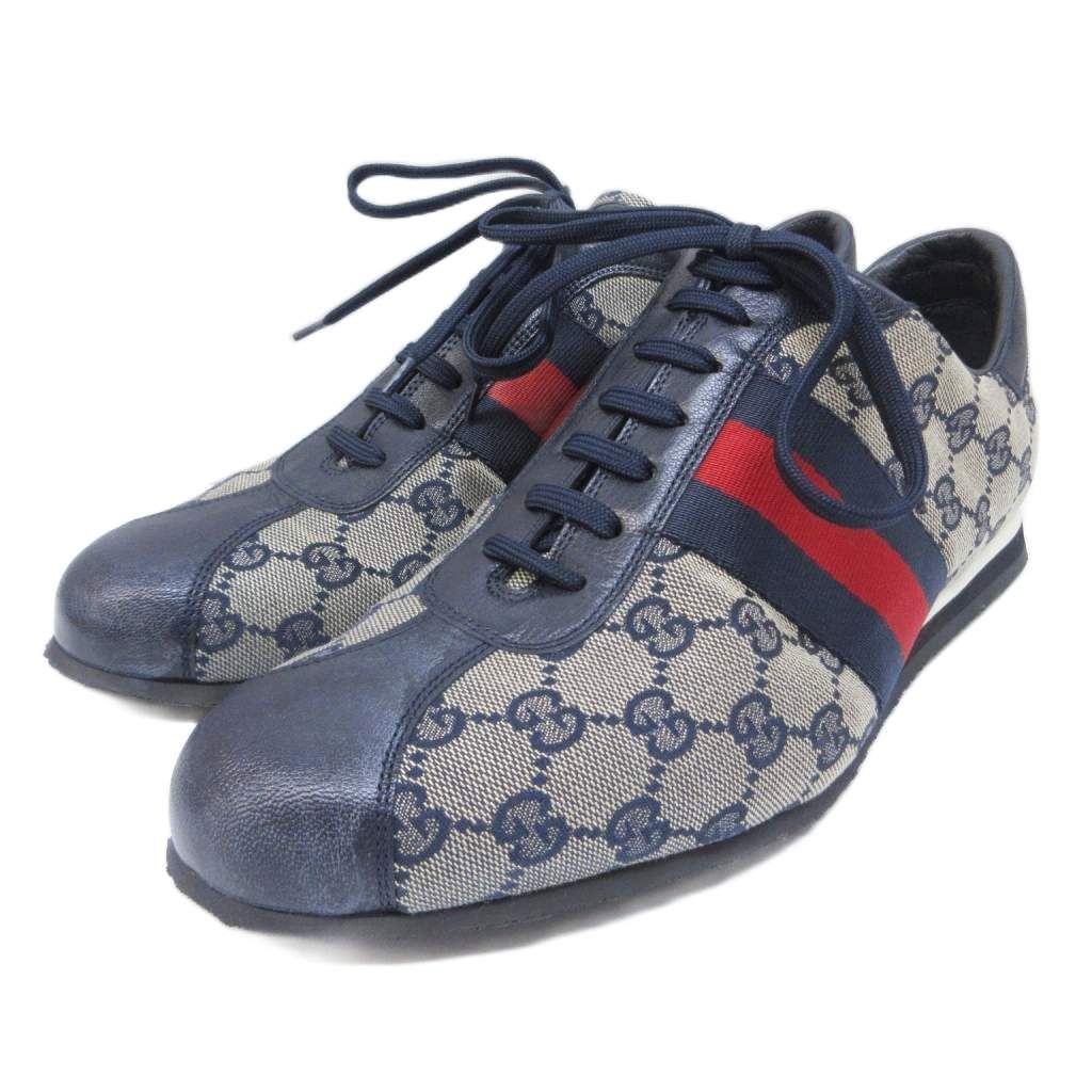 Gucci Sherry Line GG Canvas Sneakers Contrast Leather 42 Beige Navy