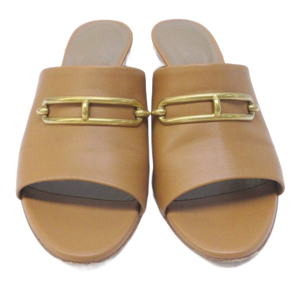 Hermes Camilla Sandals Gold Chunky Heels Leather Mules 36 Brown — view 4