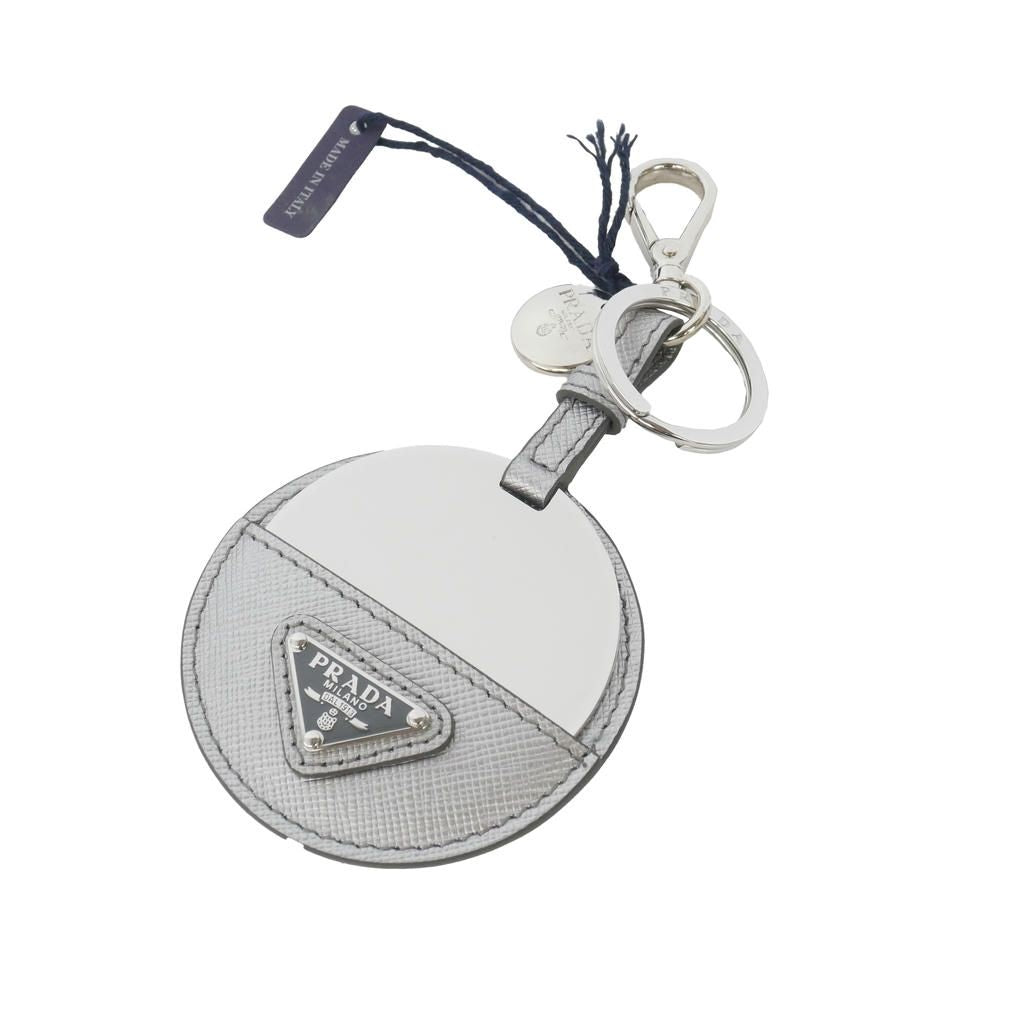 Prada Triangle Logo Mirror Charm Key Holder Silver