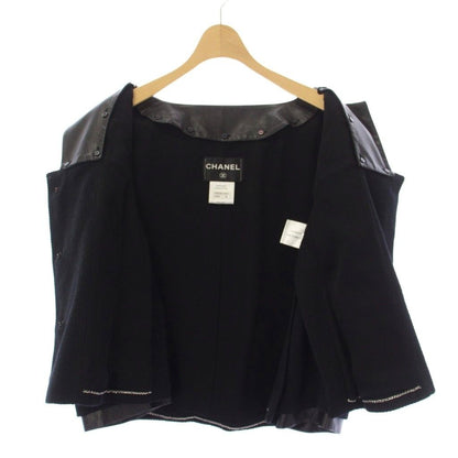 Chanel Collarless Jacket Tweed Pearl Button CC Logo 36 Black — view 7