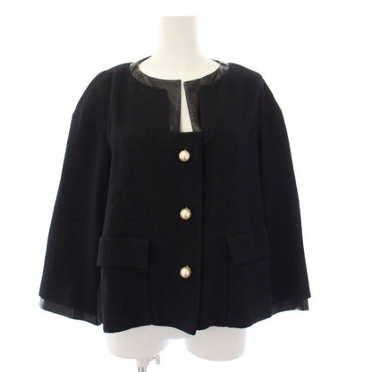 Chanel Collarless Jacket Tweed Pearl Button CC Logo 36 Black
