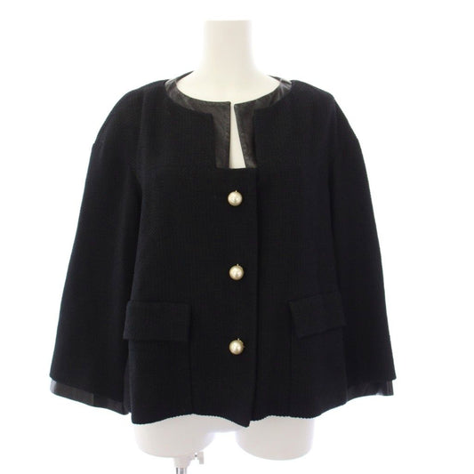Chanel Collarless Jacket Tweed Pearl Button CC Logo 36 Black