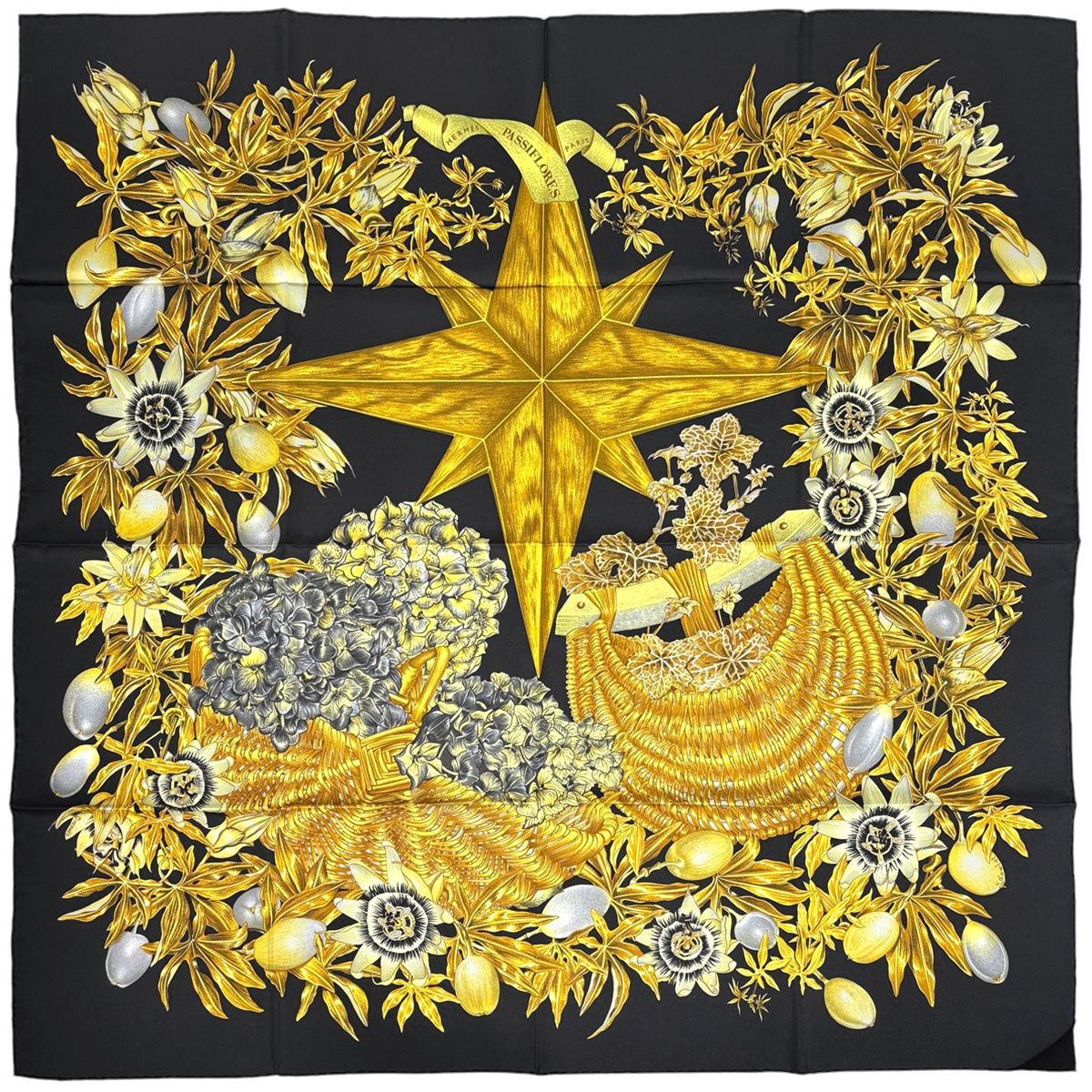Hermes Carre 90 Passiflores Passion Flower Scarf Silk Black Multicolor