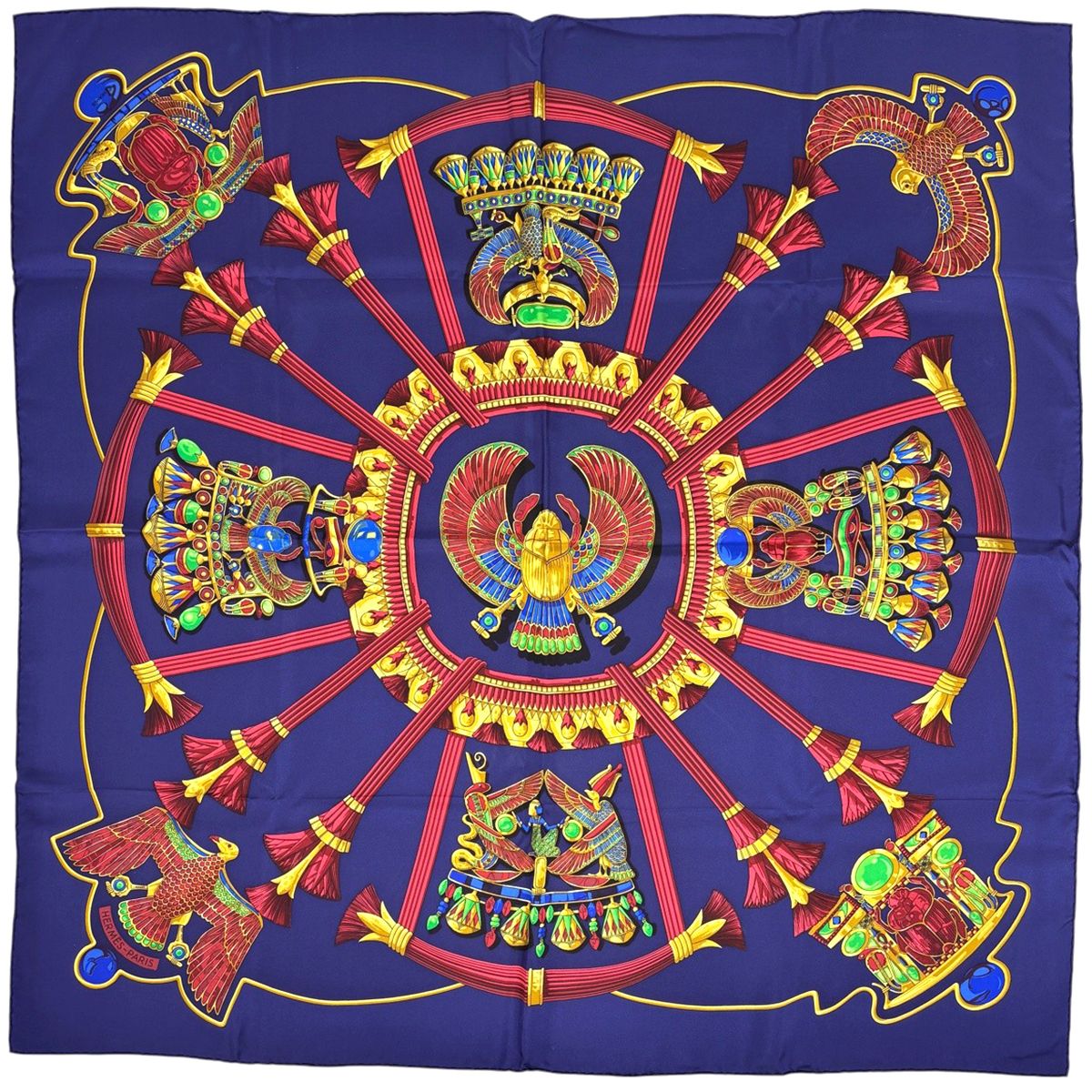 Hermes Carre 90 Scarab Pattern Bellflower Scarf Silk Navy Multicolor
