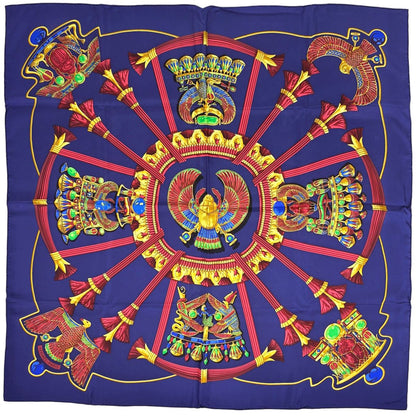 Hermes Carre 90 Scarab Pattern Bellflower Scarf Silk Navy Multicolor