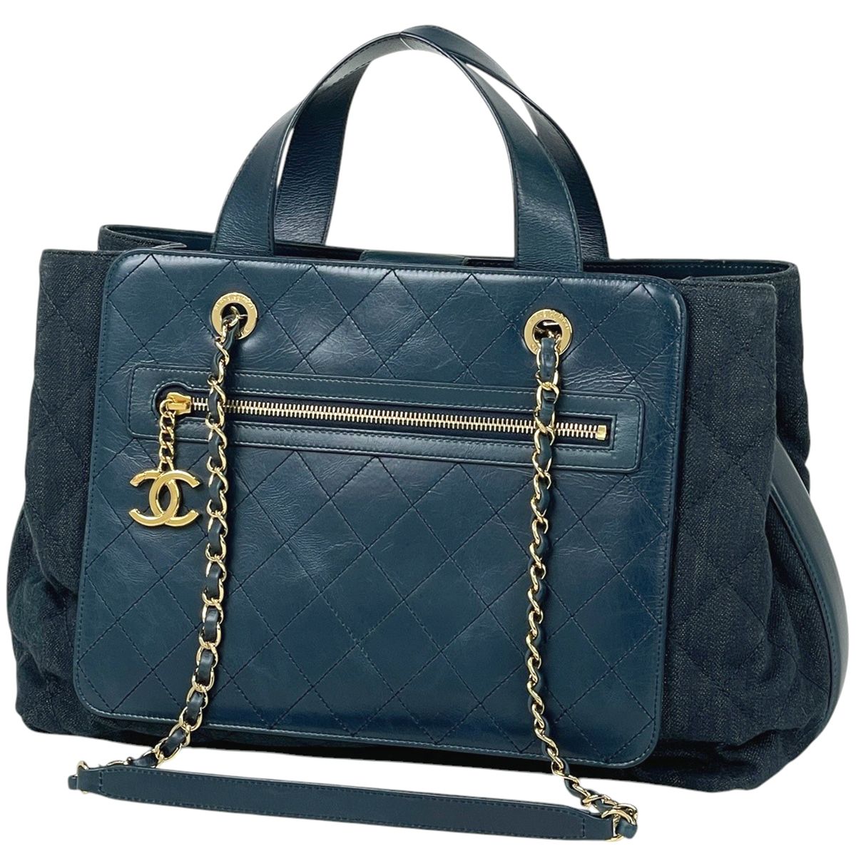 Chanel CC Logo Chain Shoulder Bag 2-Way Quilted Leather Navy