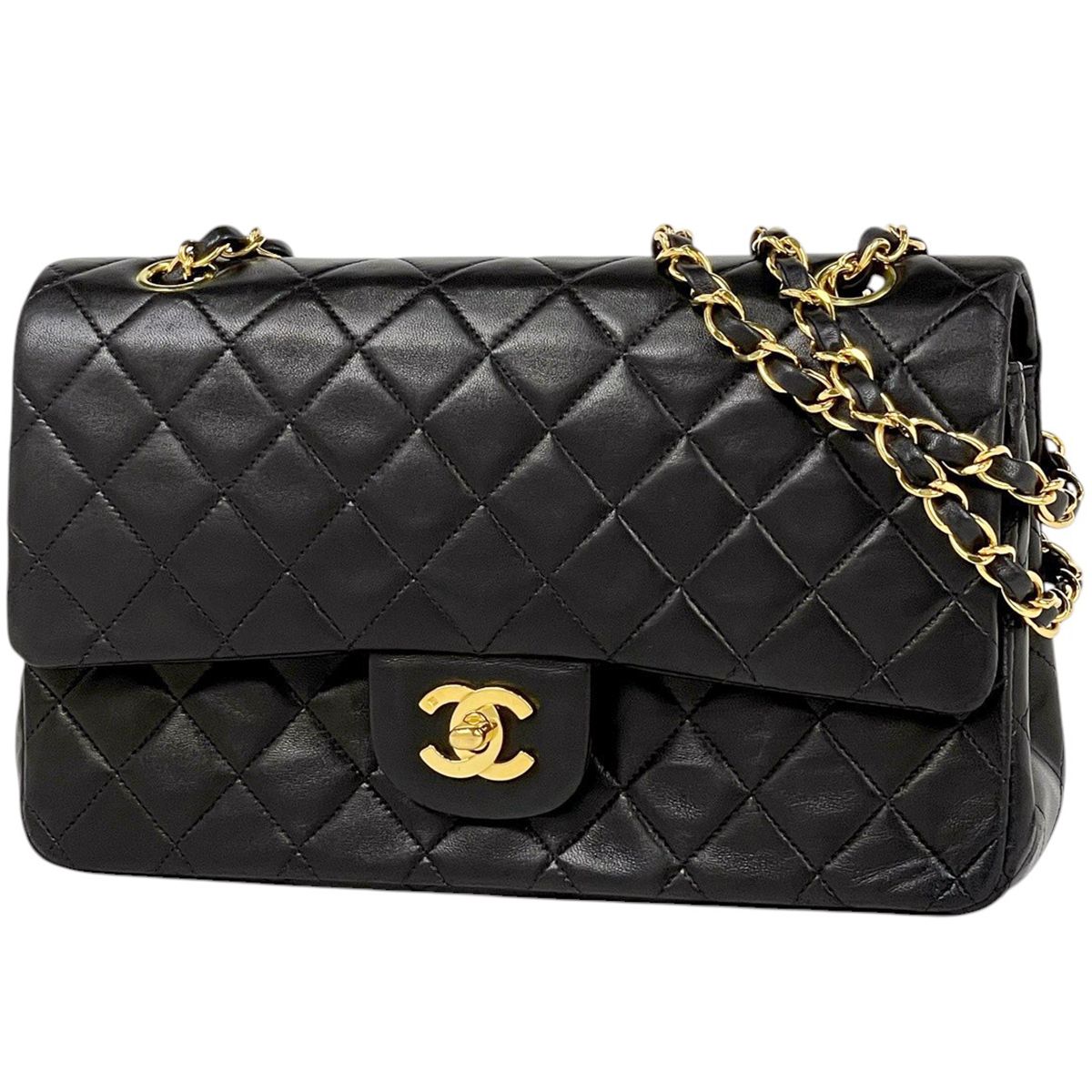 Chanel Quilted Double Flap Chain Shoulder Bag CC Logo Leather Black