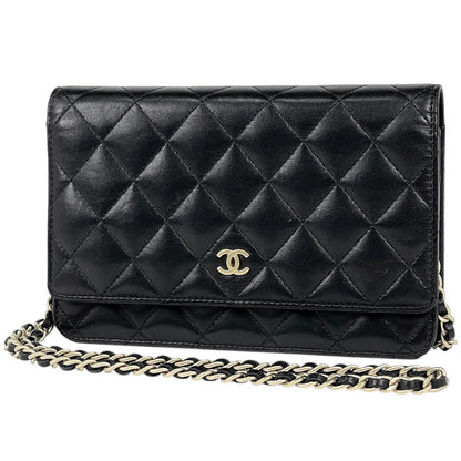 Chanel CC Logo Chain Wallet Quilted Leather Black