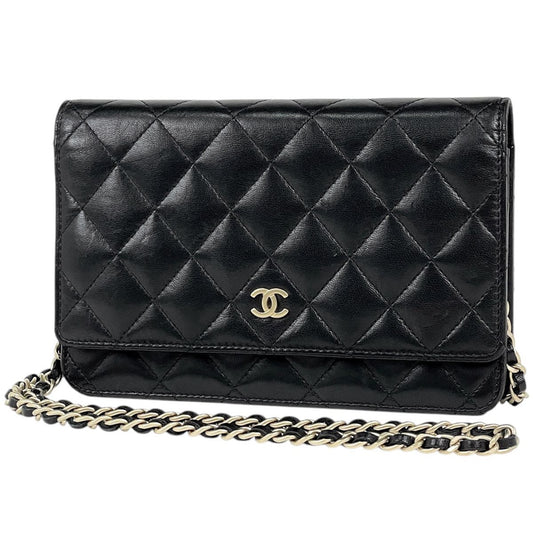 Chanel CC Logo Chain Wallet Quilted Leather Black