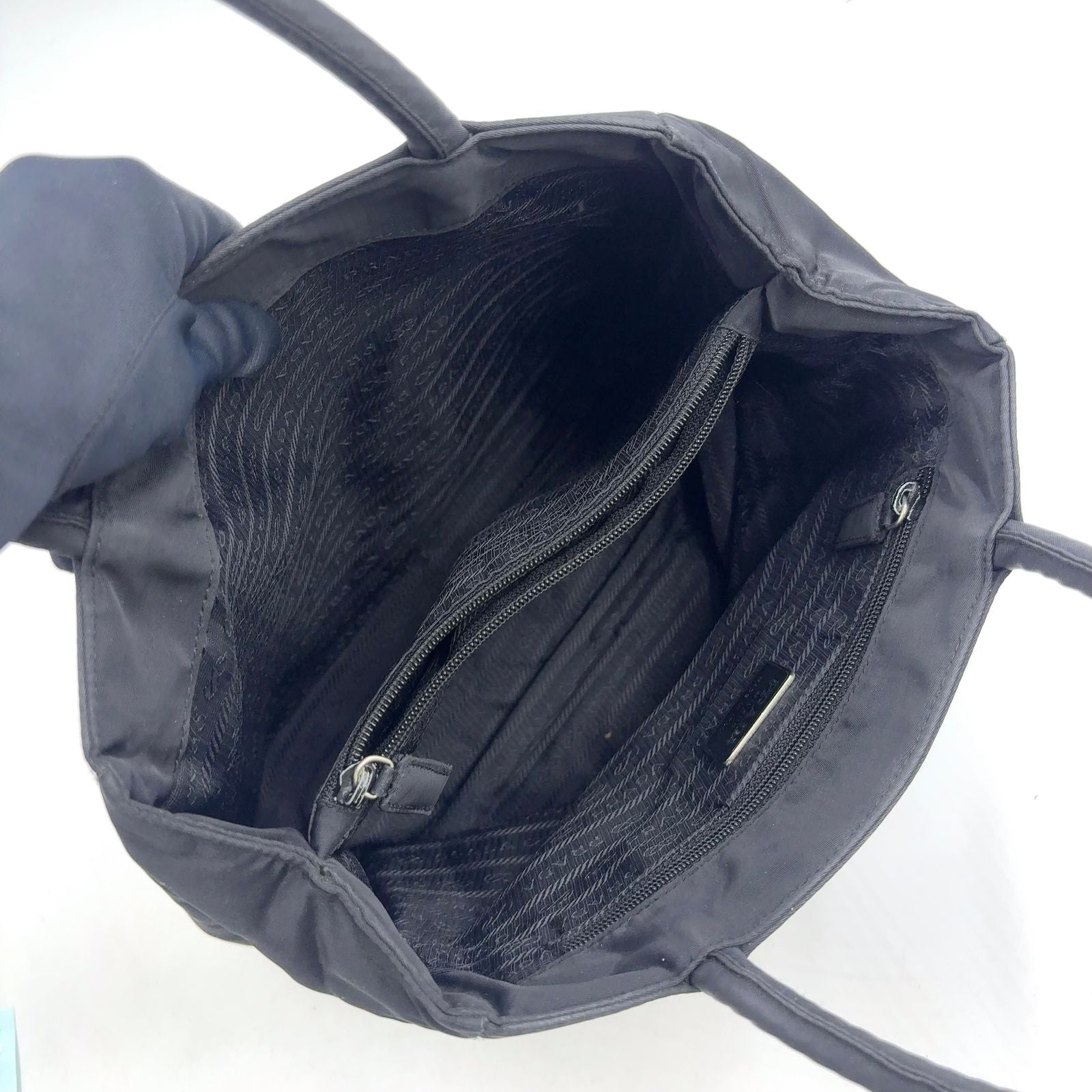 Prada Triangle Logo Nylon Black Tote Silver — view 3