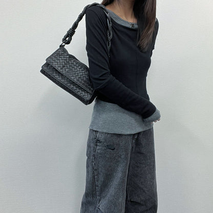 Bottega Veneta Intrecciato Shoulder Bag Black Leather Vintage