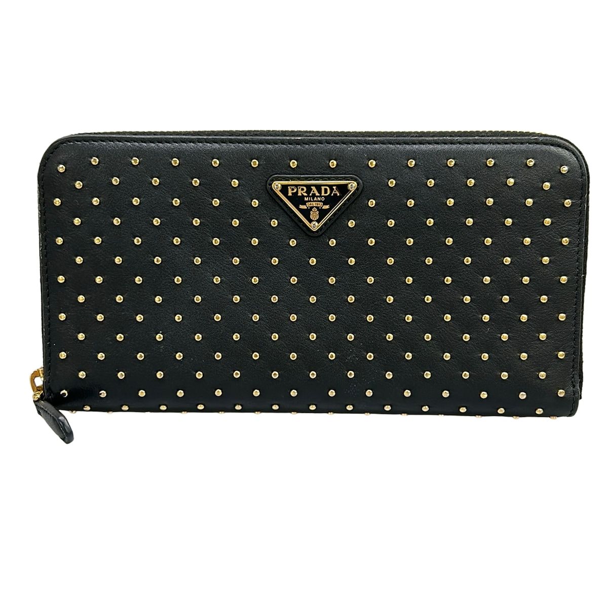 Prada Wallet Black Gold Studded Zip Around Leather