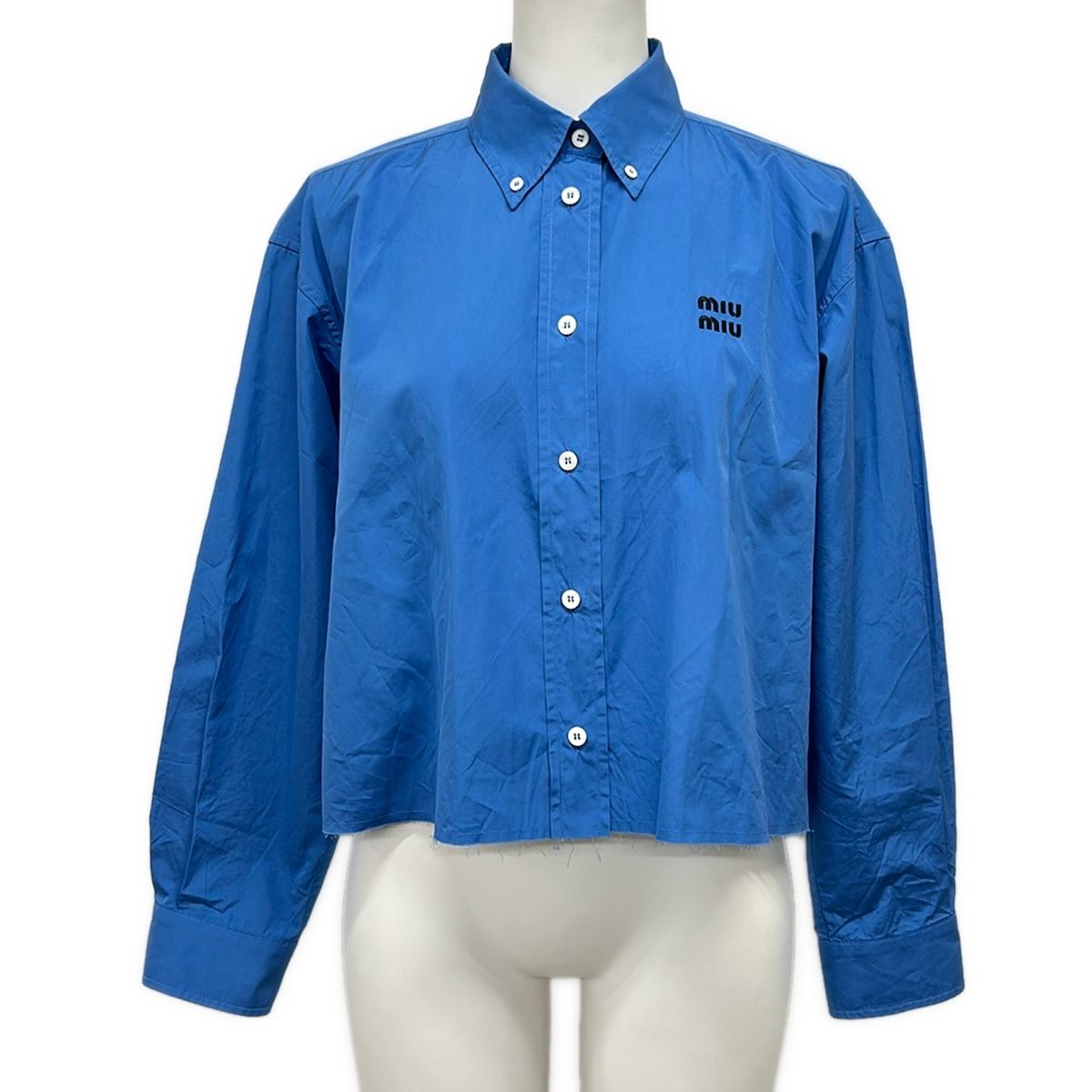 Miu Miu Long Sleeve Shirt Blouse 36 S Blue Short Length Cut Off Processing