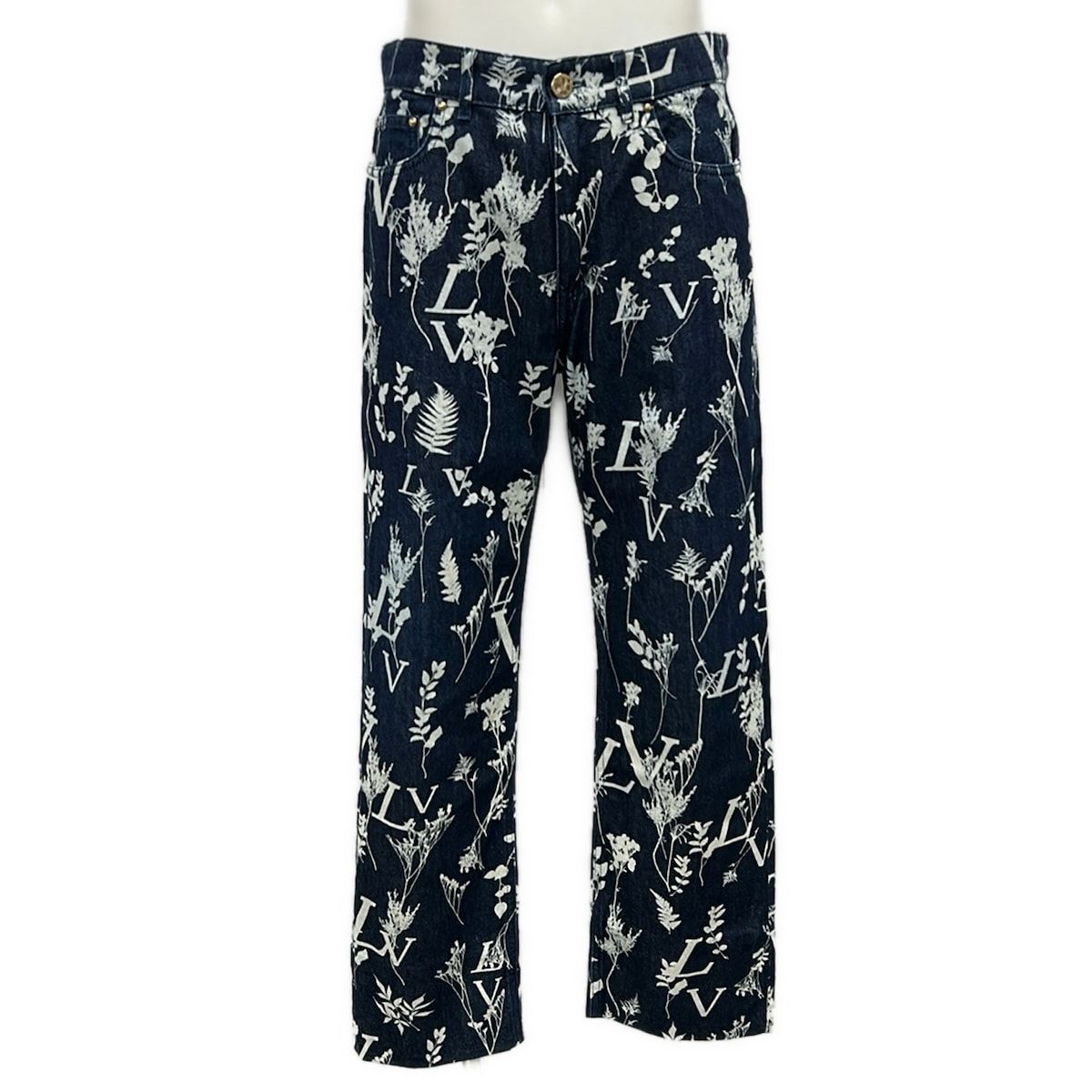Louis Vuitton Jeans 29 LV Leaf Allover Pattern Regular Denim Pants Navy White