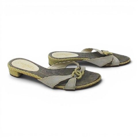 Chanel Marine Wedge Sole Sandals Mules CC Logo Cross 38 Gray — view 3