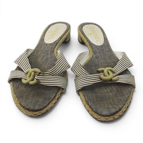 Chanel Marine Wedge Sole Sandals Mules CC Logo Cross 38 Gray — view 4