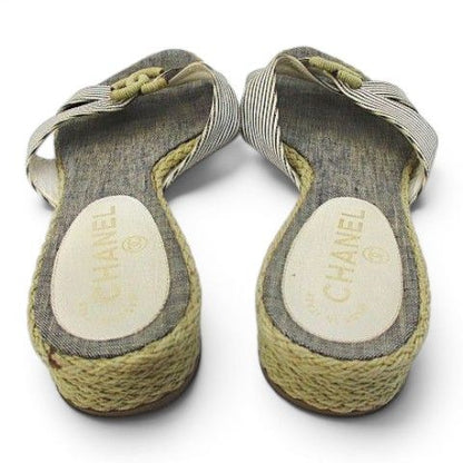 Chanel Marine Wedge Sole Sandals Mules CC Logo Cross 38 Gray — view 5