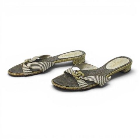 Chanel Marine Wedge Sole Sandals Mules CC Logo Cross 38 Gray — view 2