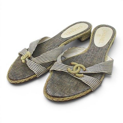 Chanel Marine Wedge Sole Sandals Mules CC Logo Cross 38 Gray