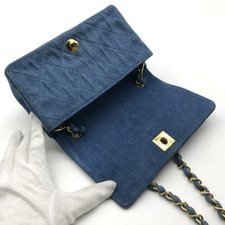 Chanel CC Logo Mini Quilted Denim Chain Shoulder Bag Blue — view 8