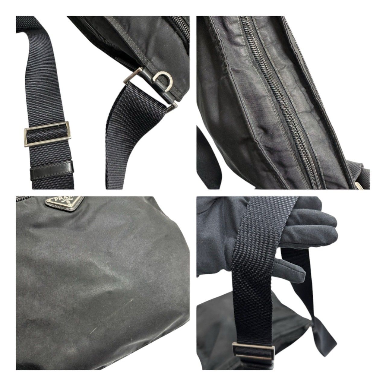Prada Tessuto Triangle Logo Black Silver Nylon Shoulder Bag — view 6