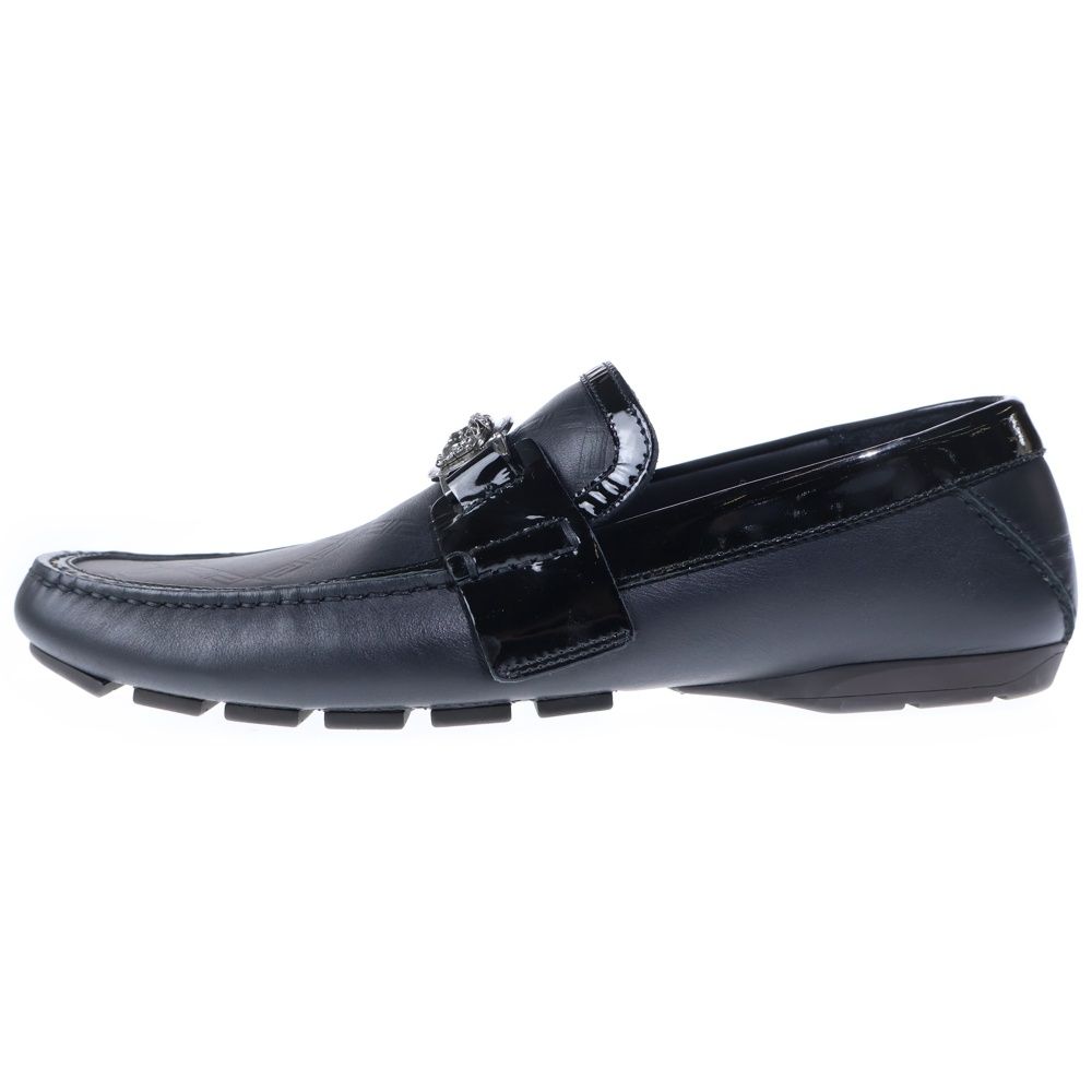 Versace Medusa Buckle Patent Combination Leather Low Cut Shoes Loafers Black
