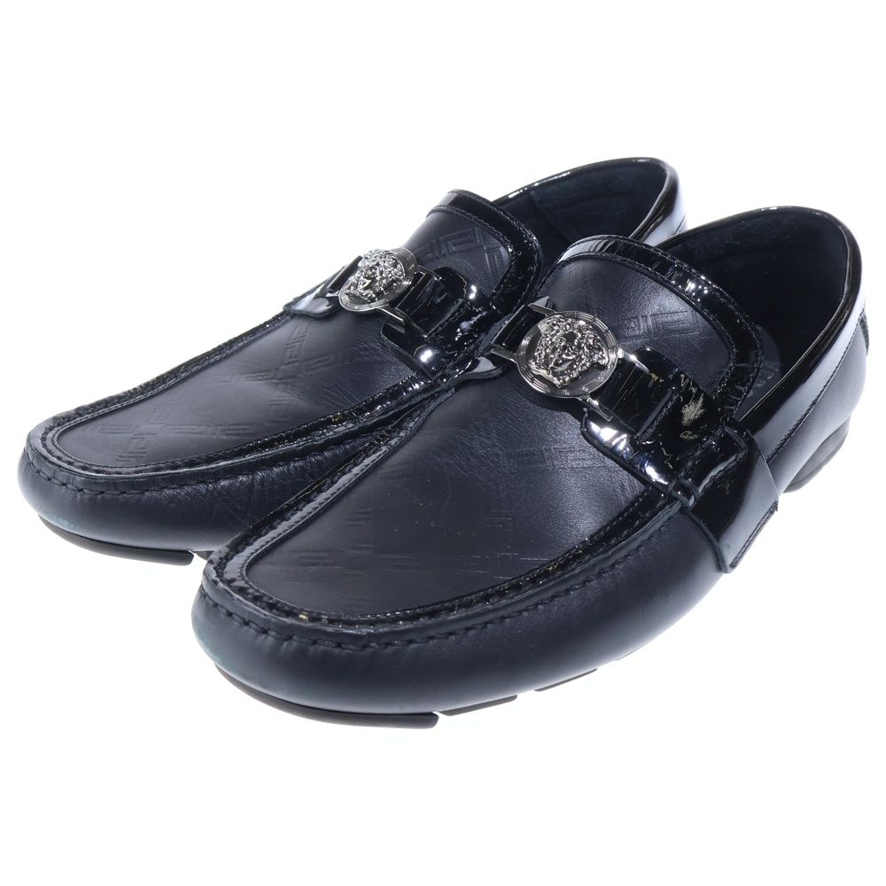 Versace Medusa Buckle Patent Combination Leather Low Cut Shoes Loafers Black — view 2