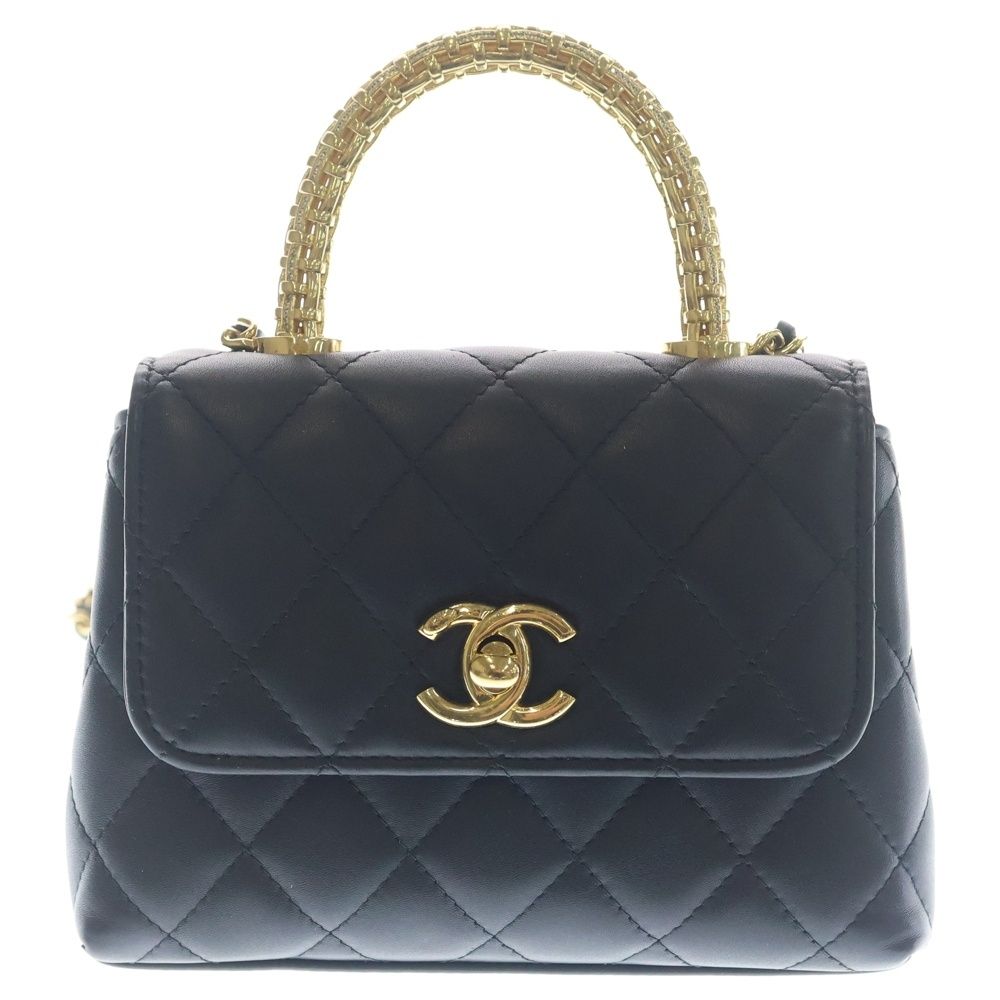 Chanel Quilted Coco Handle 16 2-Way Shoulder Bag Chain Black Lambskin Gold