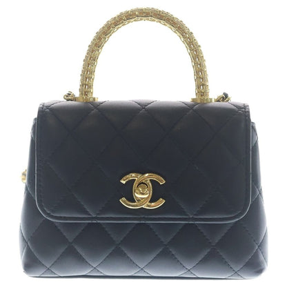 Chanel Quilted Coco Handle 16 2-Way Shoulder Bag Chain Black Lambskin Gold