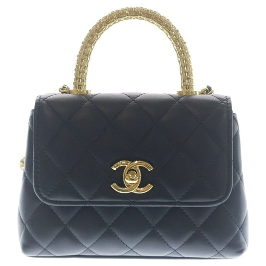 Chanel Quilted Coco Handle 16 2-Way Shoulder Bag Chain Black Lambskin Gold