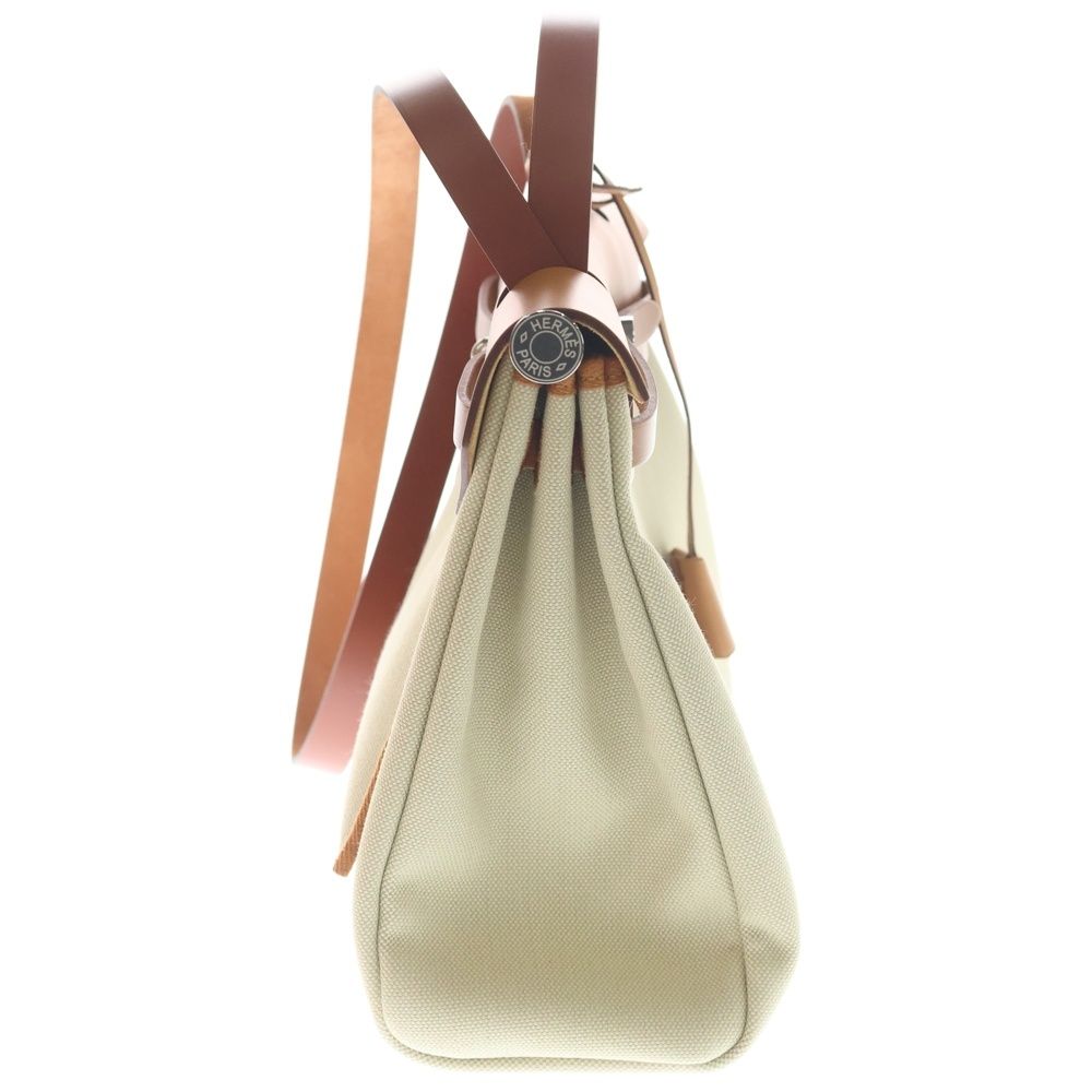 Hermes Herbag Zip PM Ecru Gold Toile Ash 2-Way Bag Silver Brown Beige — view 3