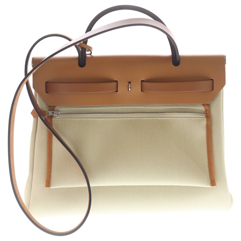Hermes Herbag Zip PM Ecru Gold Toile Ash 2-Way Bag Silver Brown Beige — view 2