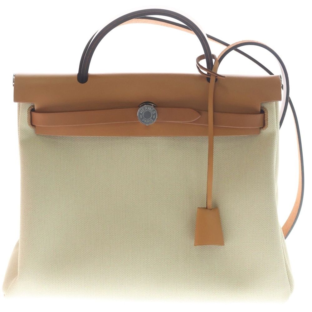 Hermes Herbag Zip PM Ecru Gold Toile Ash 2-Way Bag Silver Brown Beige