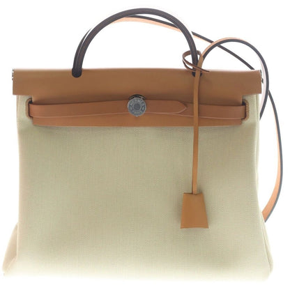 Hermes Herbag Zip PM Ecru Gold Toile Ash 2-Way Bag Silver Brown Beige