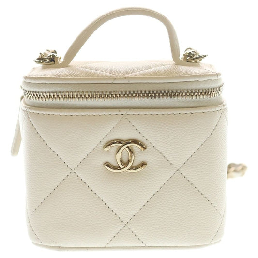 Chanel Mini Vanity Shoulder Bag Chain Caviar Leather White Gold