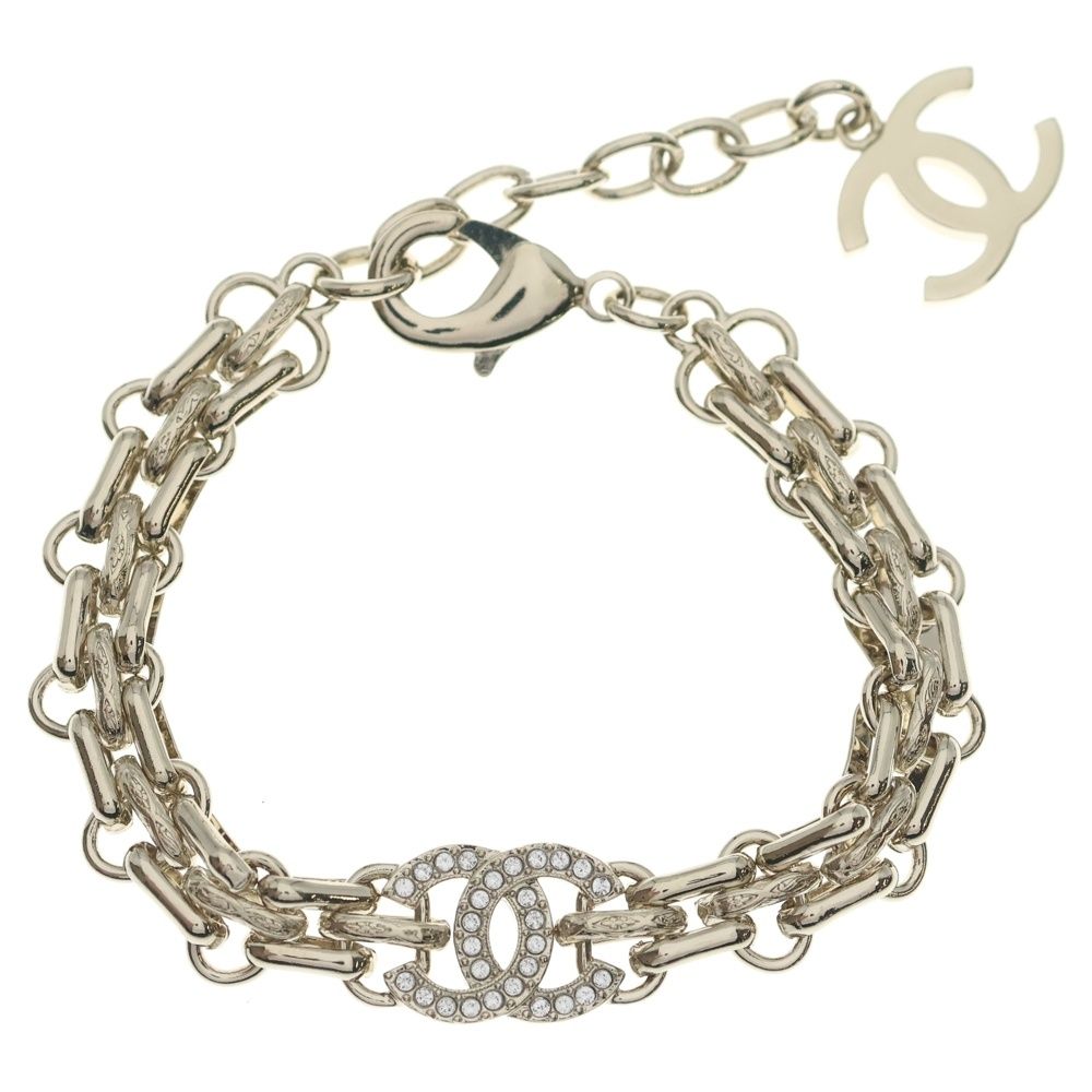 Chanel CC Logo Line Stone Decoration Chain Bracelet Gold