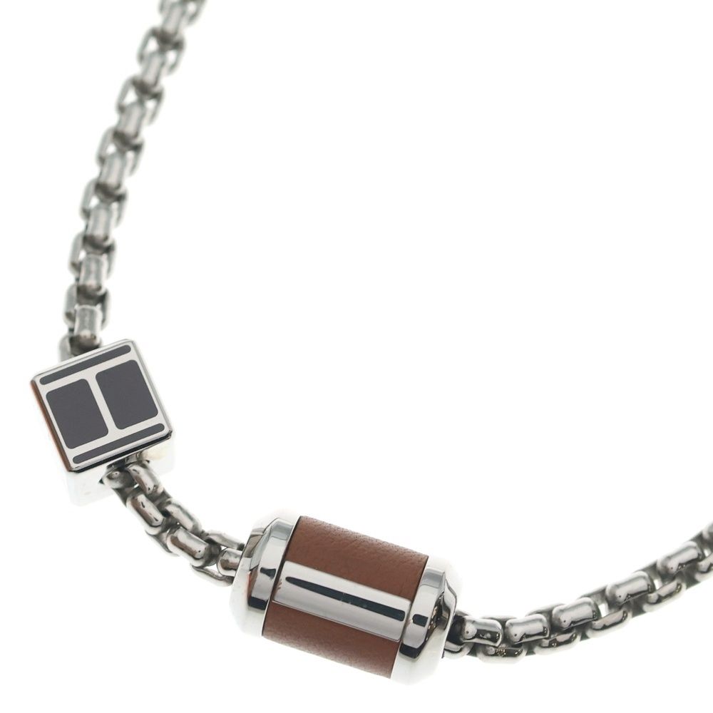 Hermes Buffalo Horn Chain Necklace Silver Brown