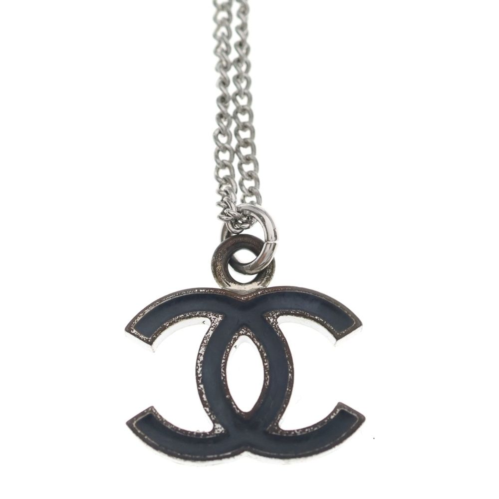 Chanel CC Logo Pendant Necklace Chain Silver Black — view 3