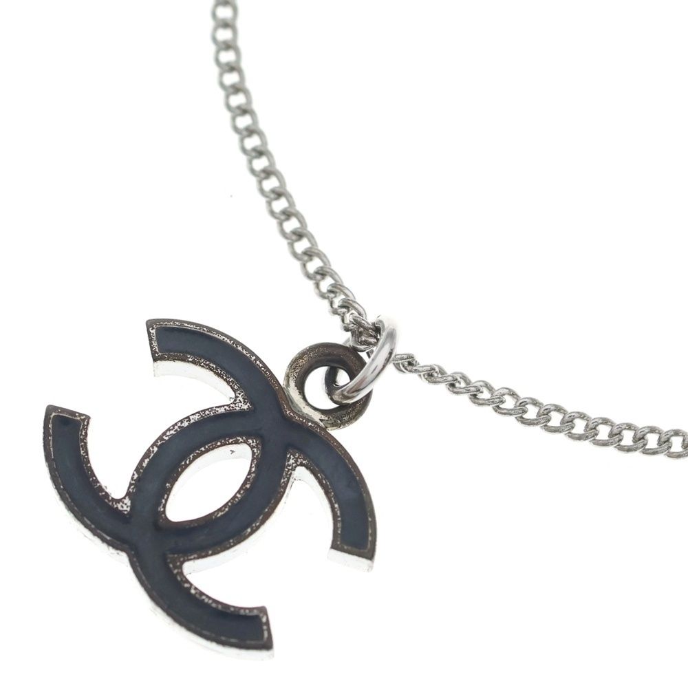 Chanel CC Logo Pendant Necklace Chain Silver Black