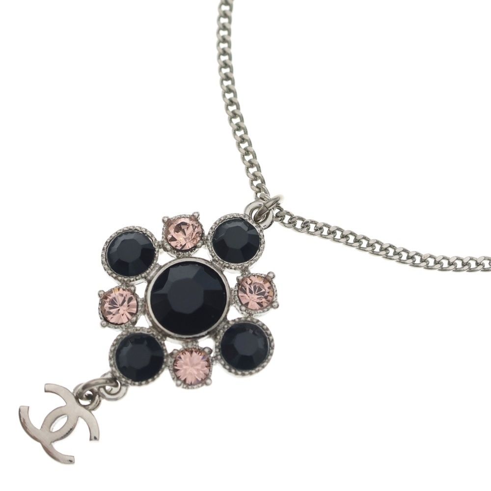 Chanel CC Logo Visual Line Stone Necklace Pendant Chain Silver Black Pink