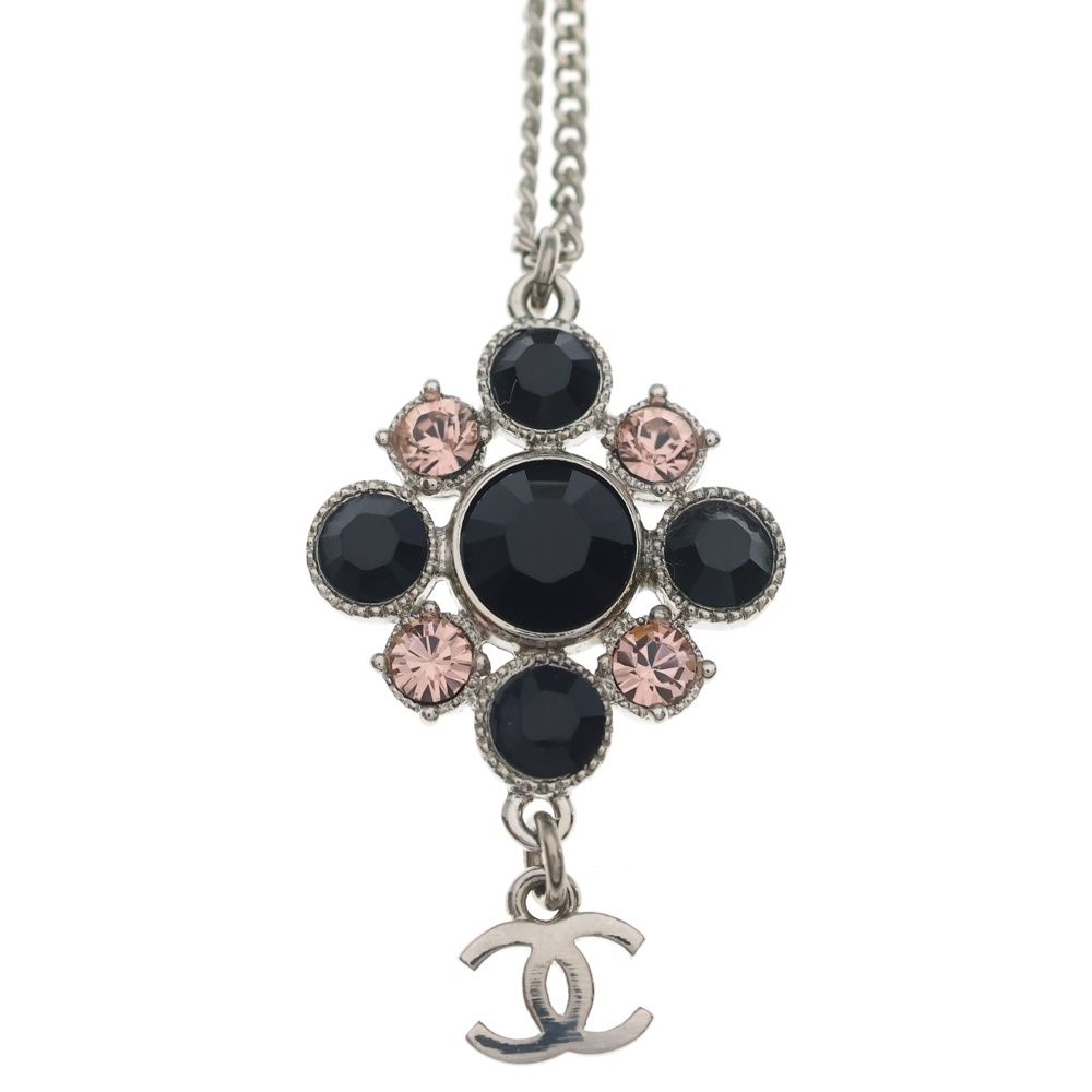 Chanel CC Logo Visual Line Stone Necklace Pendant Chain Silver Black Pink — view 3