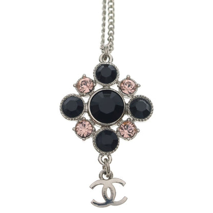 Chanel CC Logo Visual Line Stone Necklace Pendant Chain Silver Black Pink — view 3